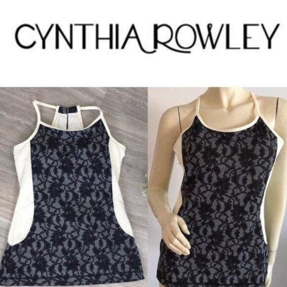 Cynthia Rowley | Cream And Black Lace Print Fitness Tank Top | Size Extra Small - Picture 1 of 9